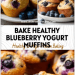 Freshly baked healthy homemade blueberry yogurt muffins on a plate, soft and moist with extra blueberries.